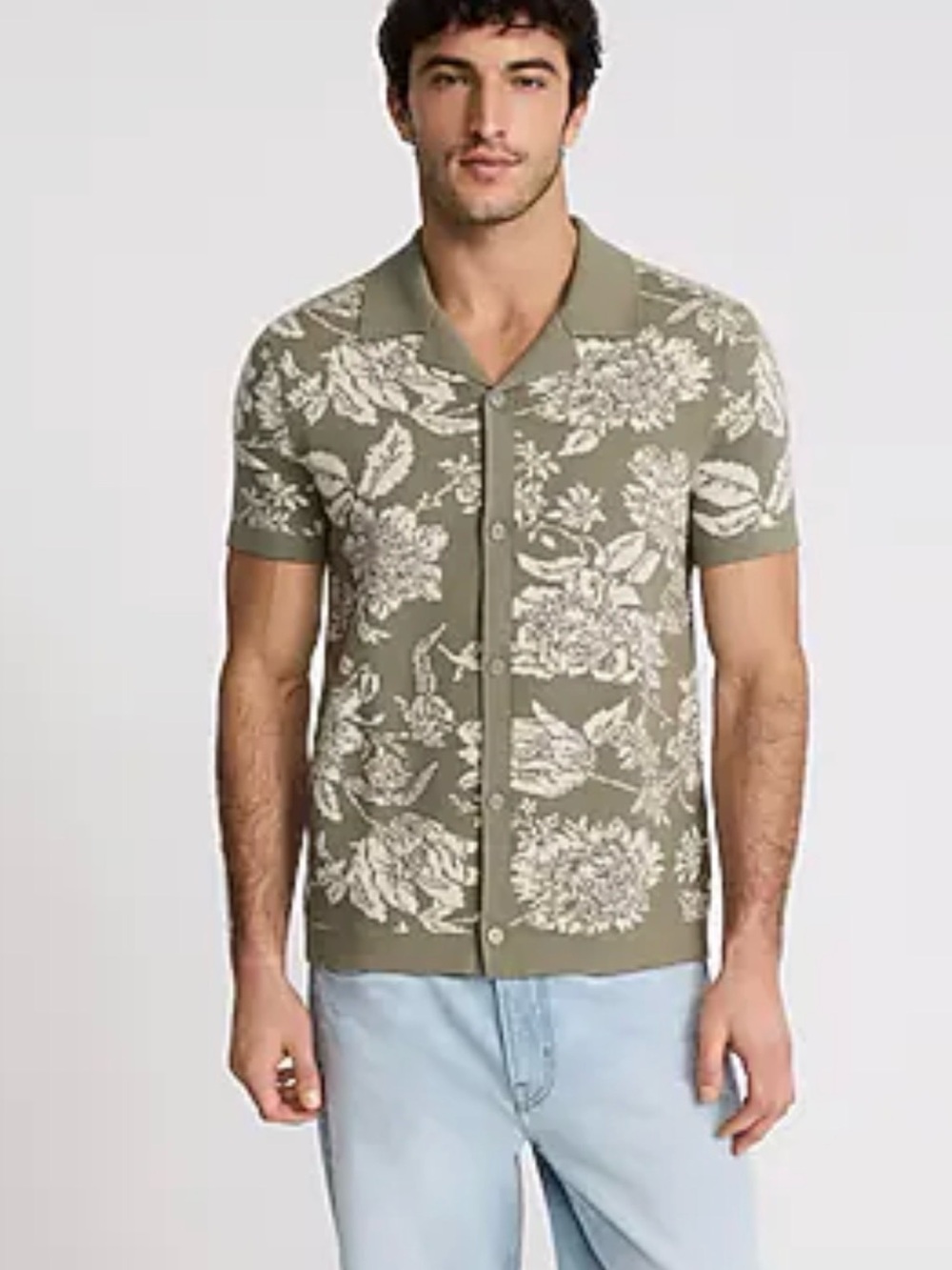 Express - Men’s Floral Cotton Short Sleeve Sweater Polo - Olive